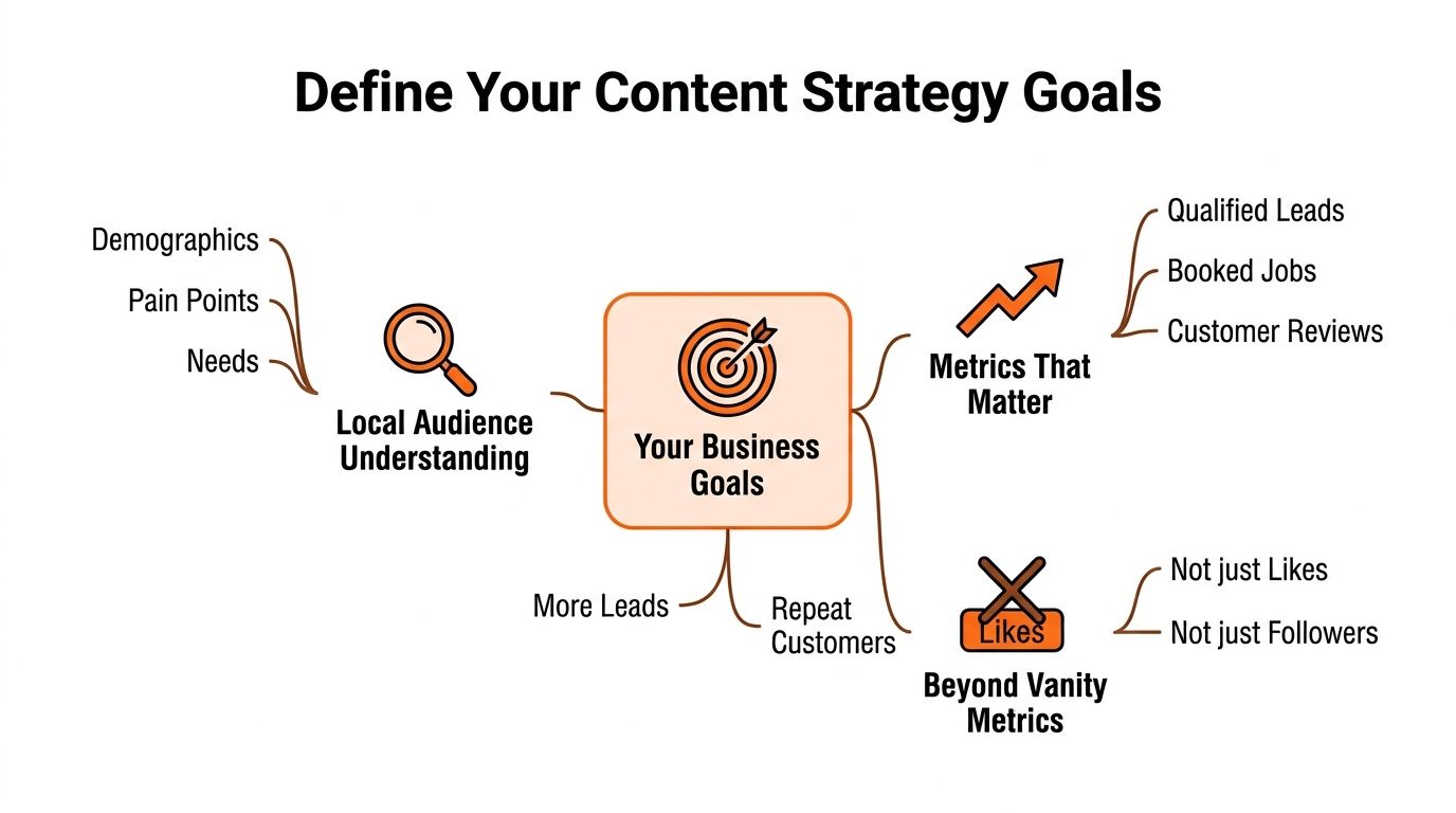 A diagram illustrating how to define content strategy goals for small businesses through audience research and metrics.