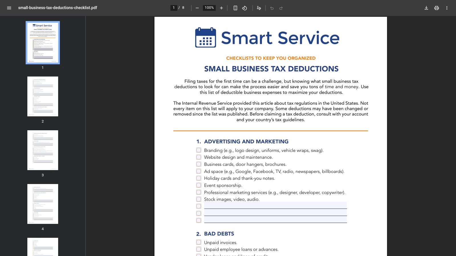 Smart Service – Small Business Tax Deductions Checklist (PDF)