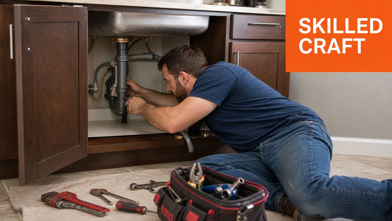 A professional plumber working on pipes underneath a kitchen sink while kneeling on the floor.