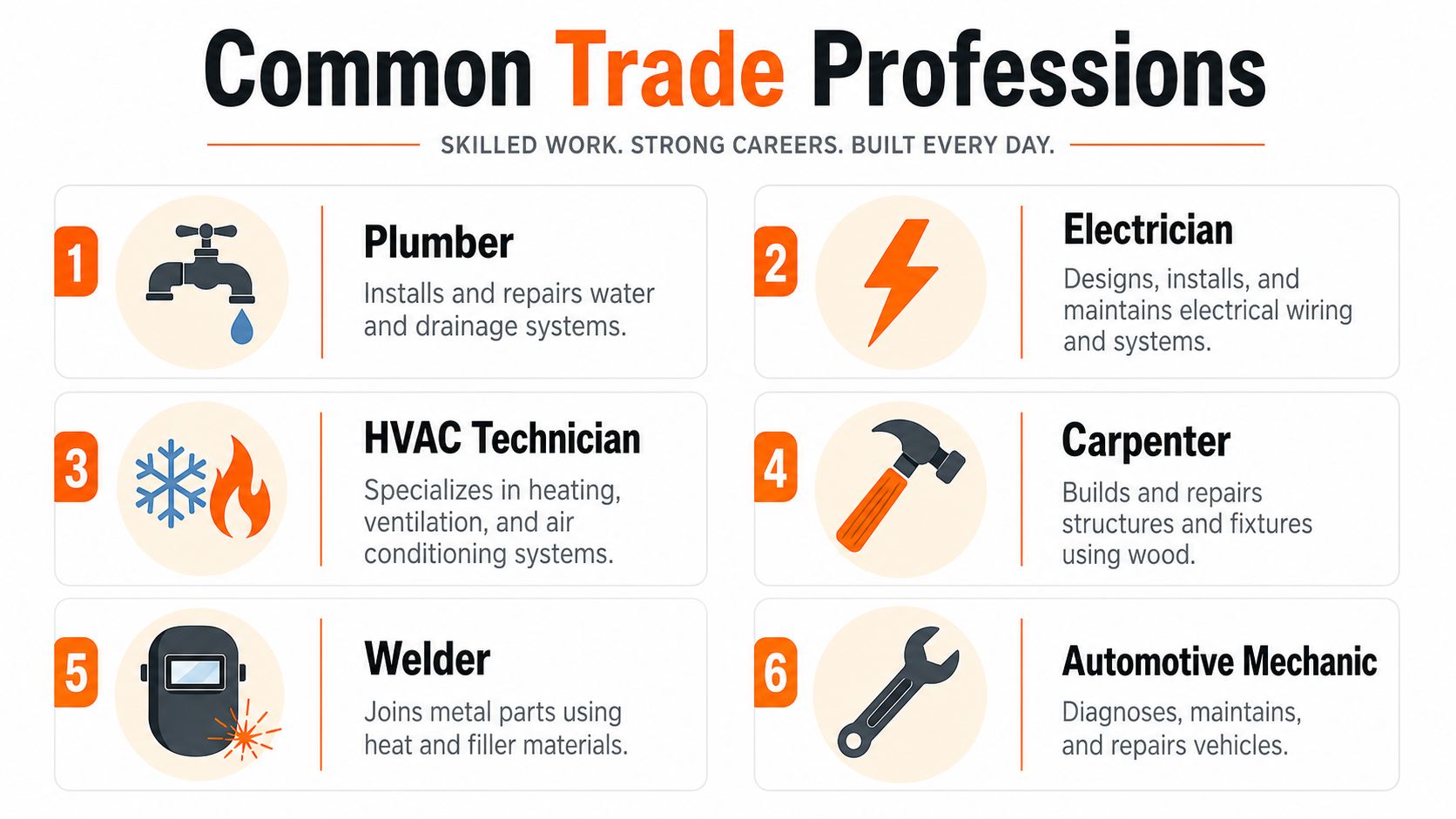 A list of six common trade professions including plumbers, electricians, and welders with descriptions of their roles.