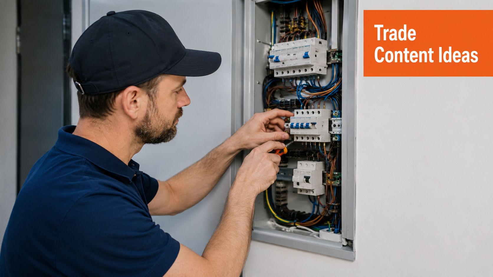A professional electrician in a blue shirt works on an open electrical circuit breaker panel.