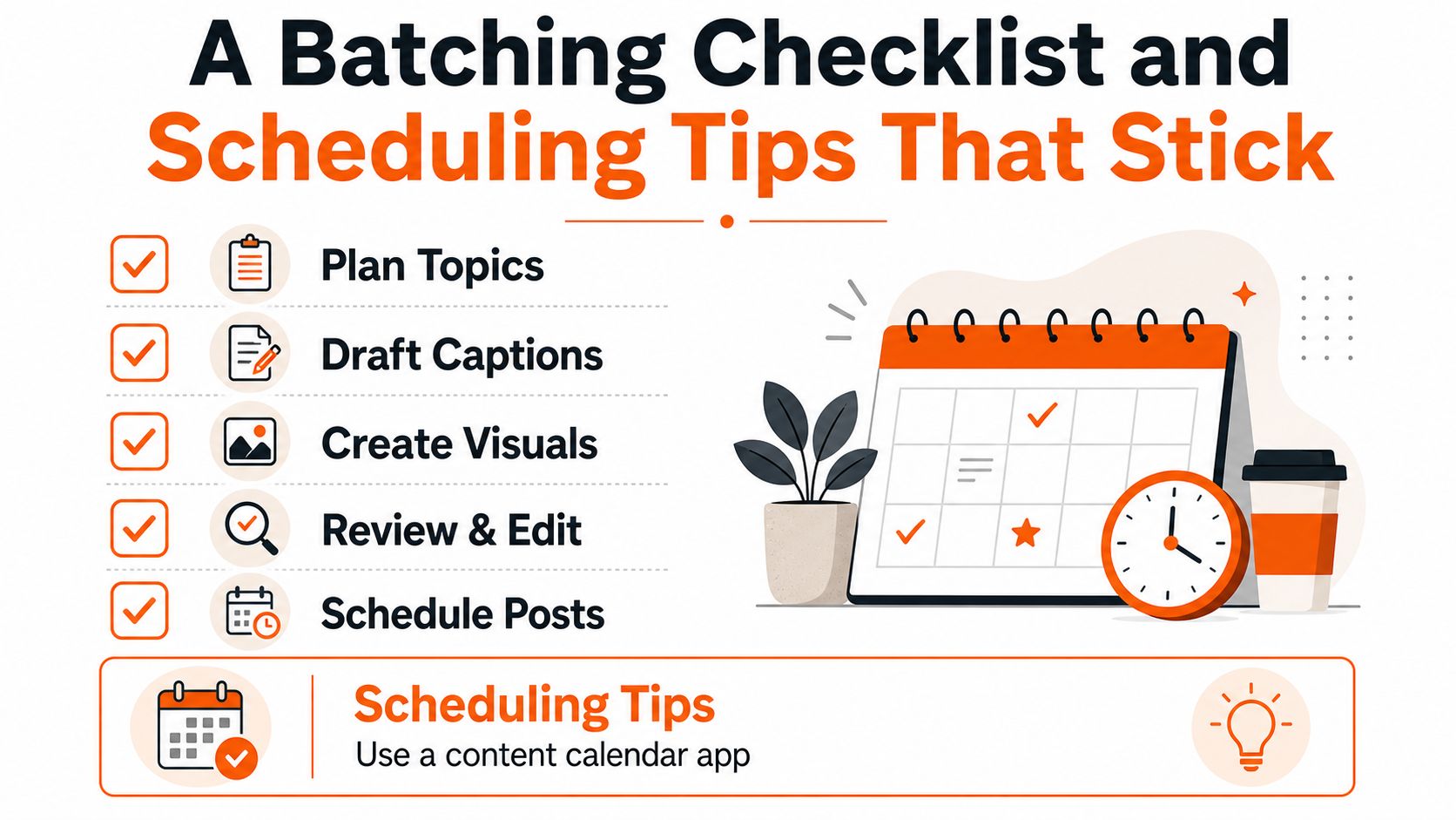 An infographic checklist for content batching including planning, drafting, visuals, editing, and scheduling tips.