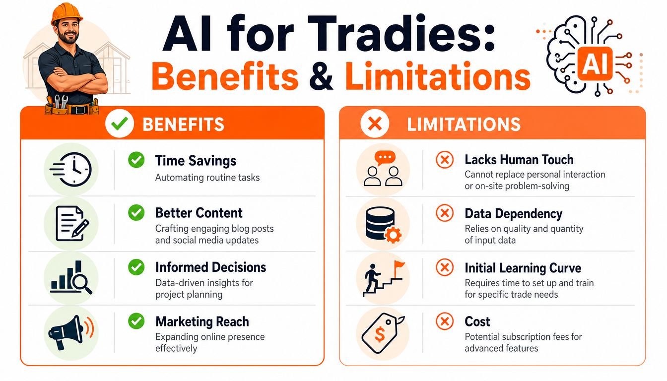 An infographic titled AI for Tradies outlining the key benefits and limitations of using artificial intelligence in trade businesses.