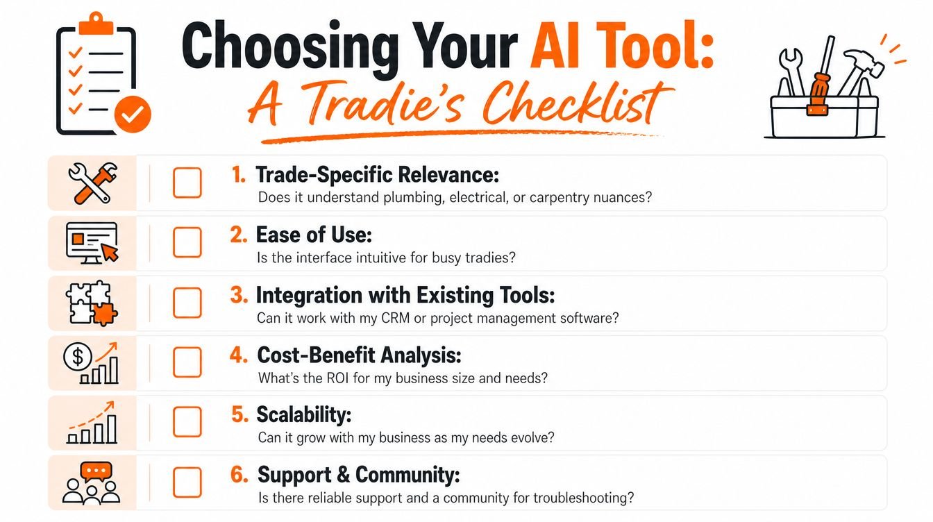 A checklist graphic designed for tradies to evaluate the suitability of various AI tools for their businesses.