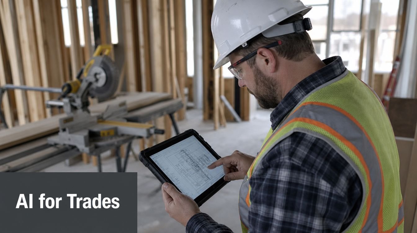 A construction worker in a hard hat and safety vest reviews architectural blueprints on a digital tablet.