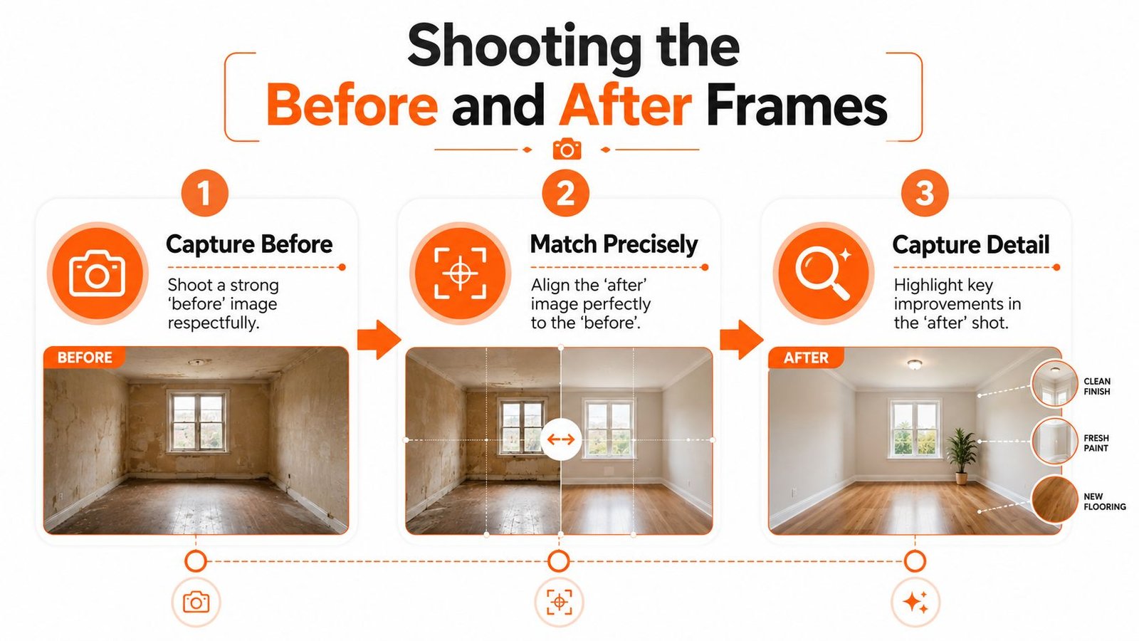 An infographic illustrating the three-step process for taking professional before and after renovation photos of a room.