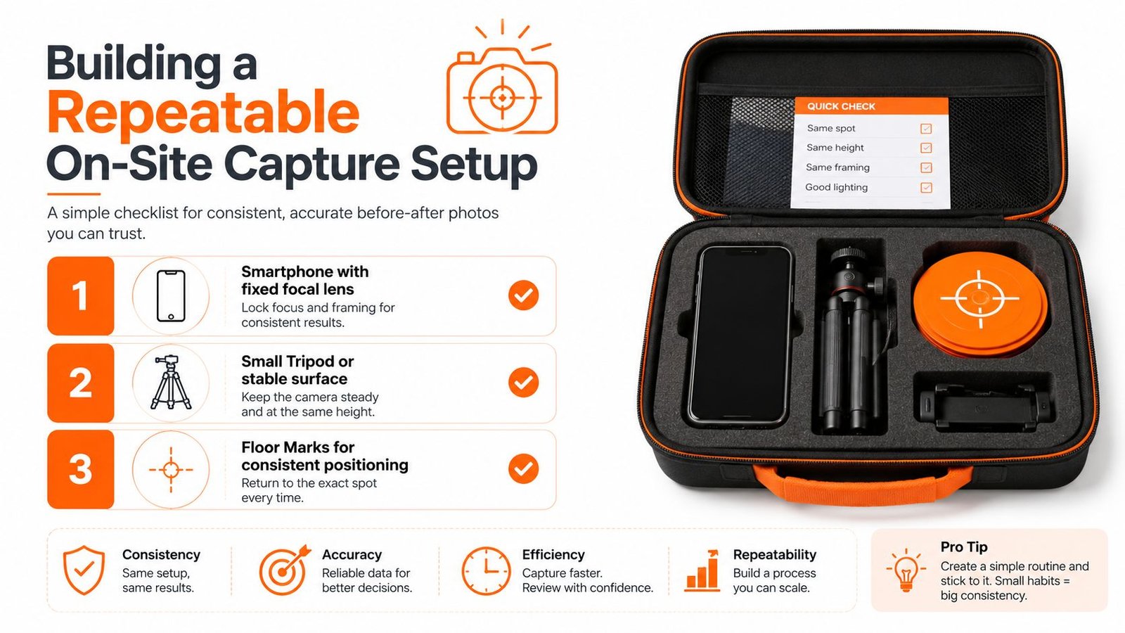 A professional guide showing a setup kit and three-step checklist for taking consistent before and after photos.