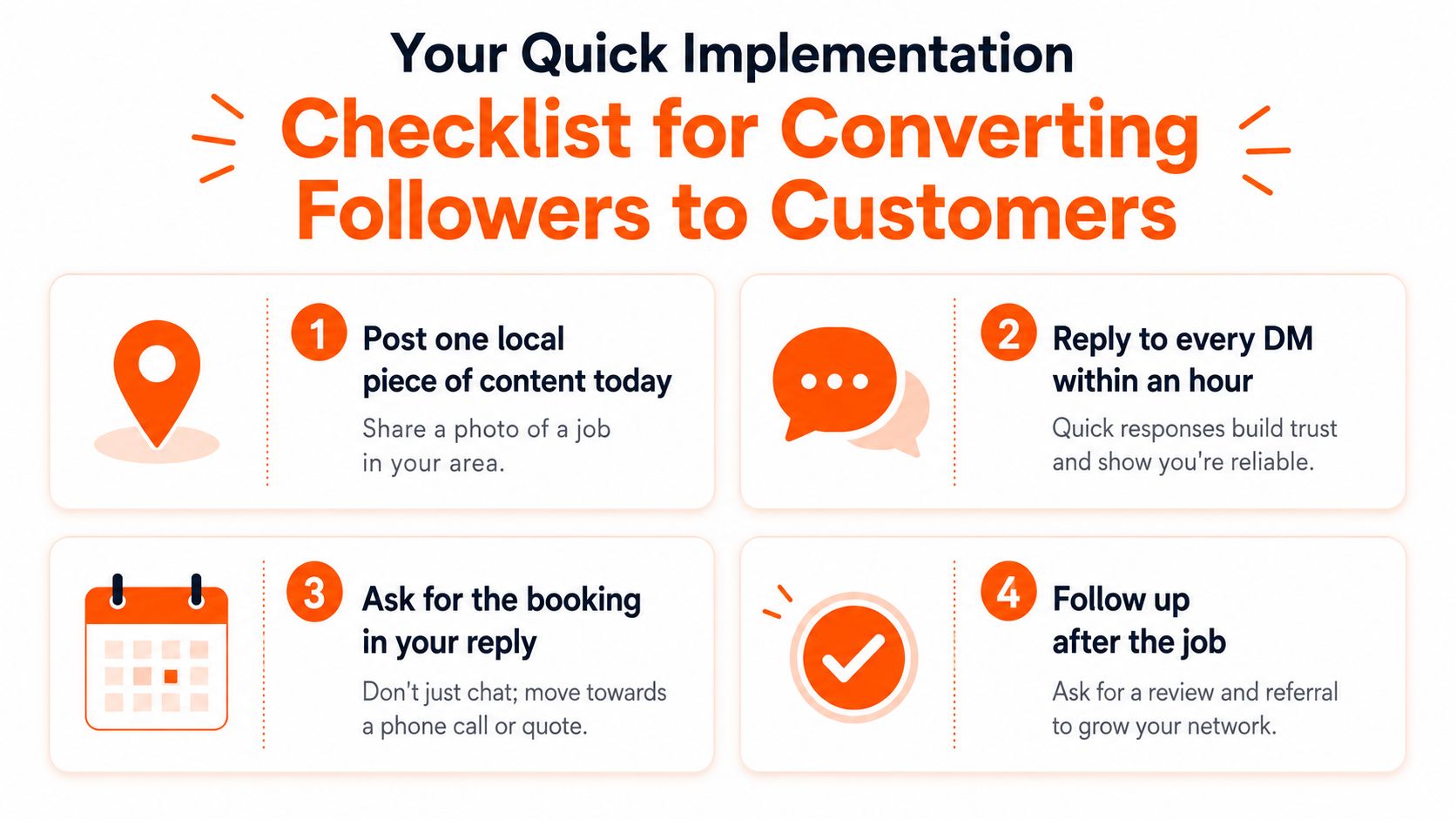 A four-step marketing checklist for small businesses on how to convert social media followers into paying customers.