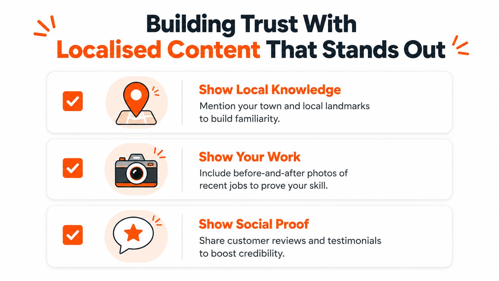 A graphic titled Building Trust with Localised Content listing three key tips for business credibility.