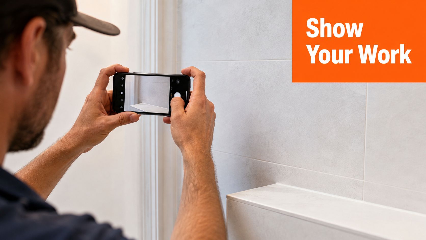 A professional tradesman uses a smartphone to take a photo of tiled bathroom work for business documentation.