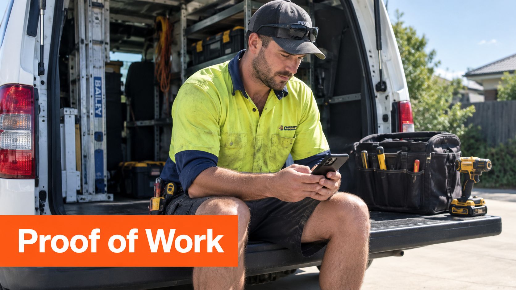 A male tradesman in high visibility workwear sitting in his van using a smartphone outdoors.
