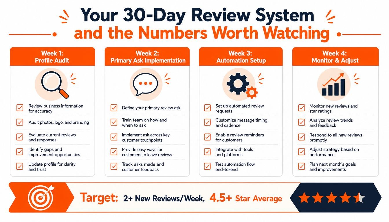A 30-day review system infographic featuring four weekly steps for managing customer feedback and review growth.