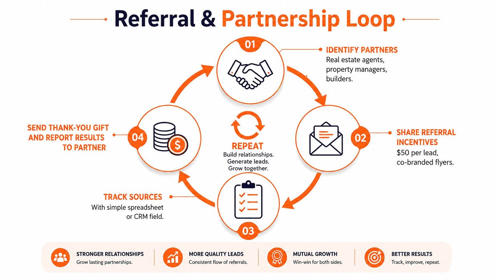 A flow chart illustrating a four-step referral and partnership loop for business growth and lead generation.