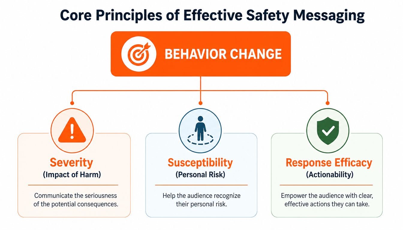 A diagram outlining the core principles of effective safety messaging for achieving behavior change.