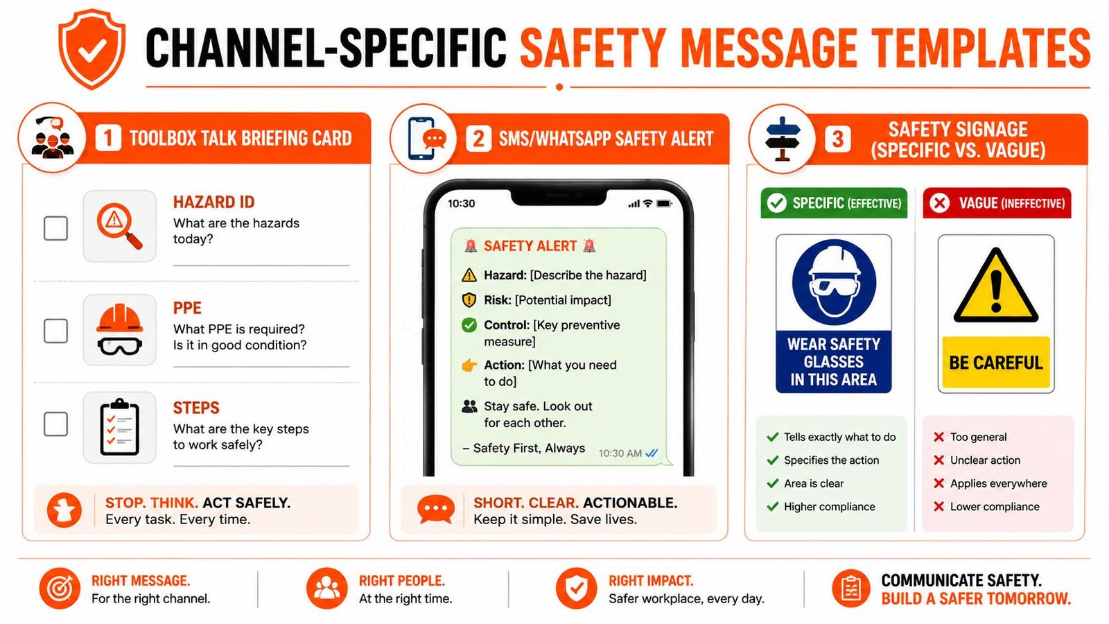 An infographic illustrating three distinct channel-specific safety messaging templates for workplace communication including briefings and alerts.