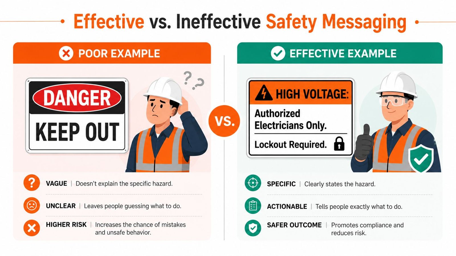 A side-by-side comparison illustrating effective versus ineffective workplace safety signage with clear explanations for each approach.