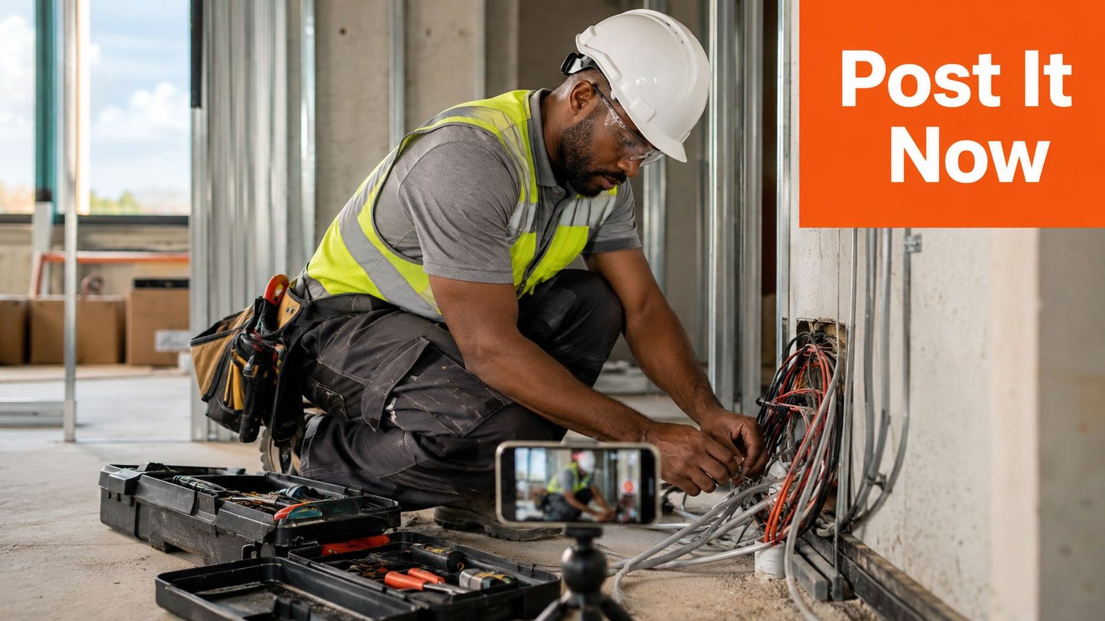 A professional construction worker filming a tutorial on his smartphone while repairing electrical wiring at a site.