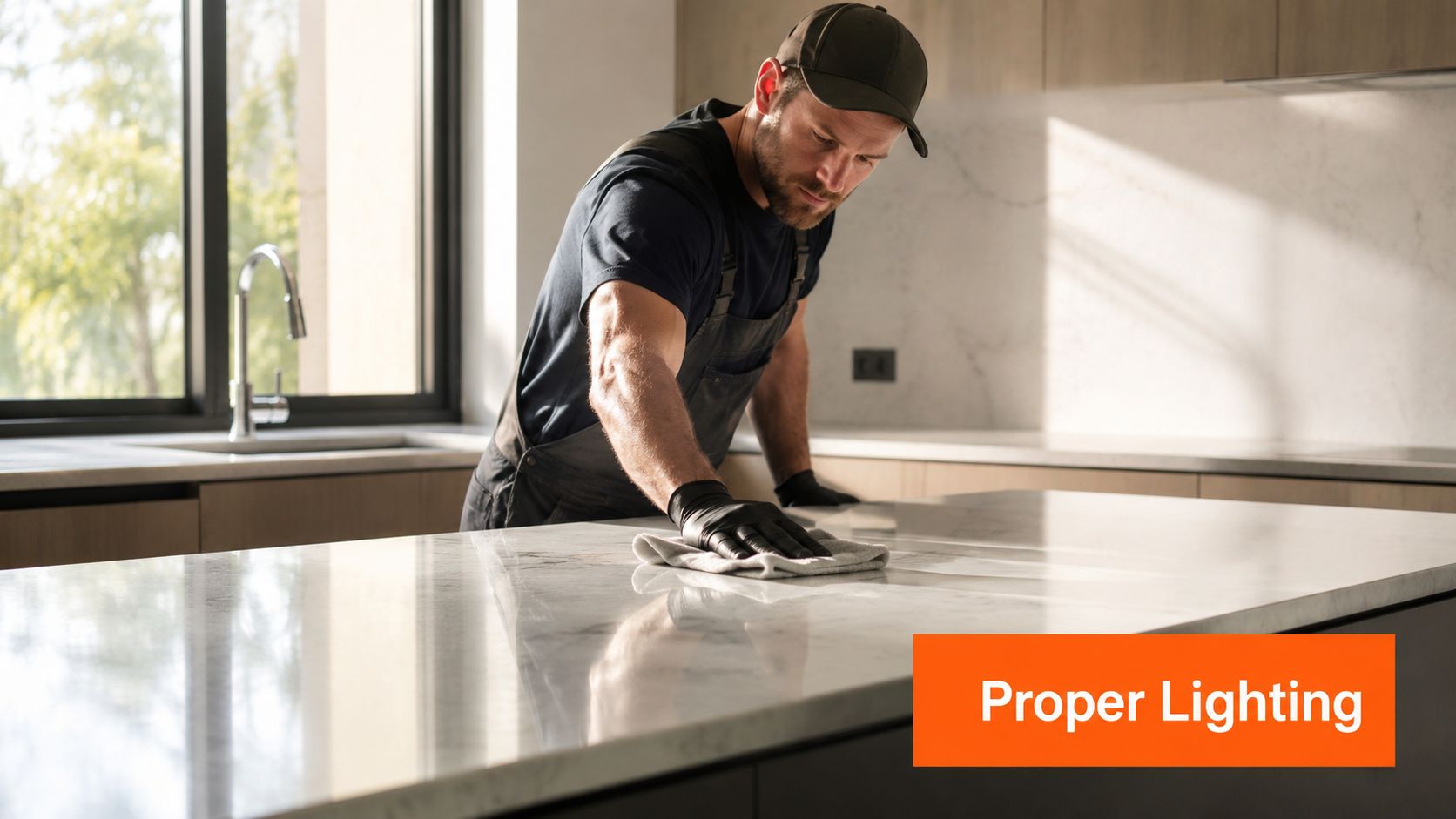 A professional cleaner in uniform wiping down a luxurious marble kitchen countertop with a soft cloth.