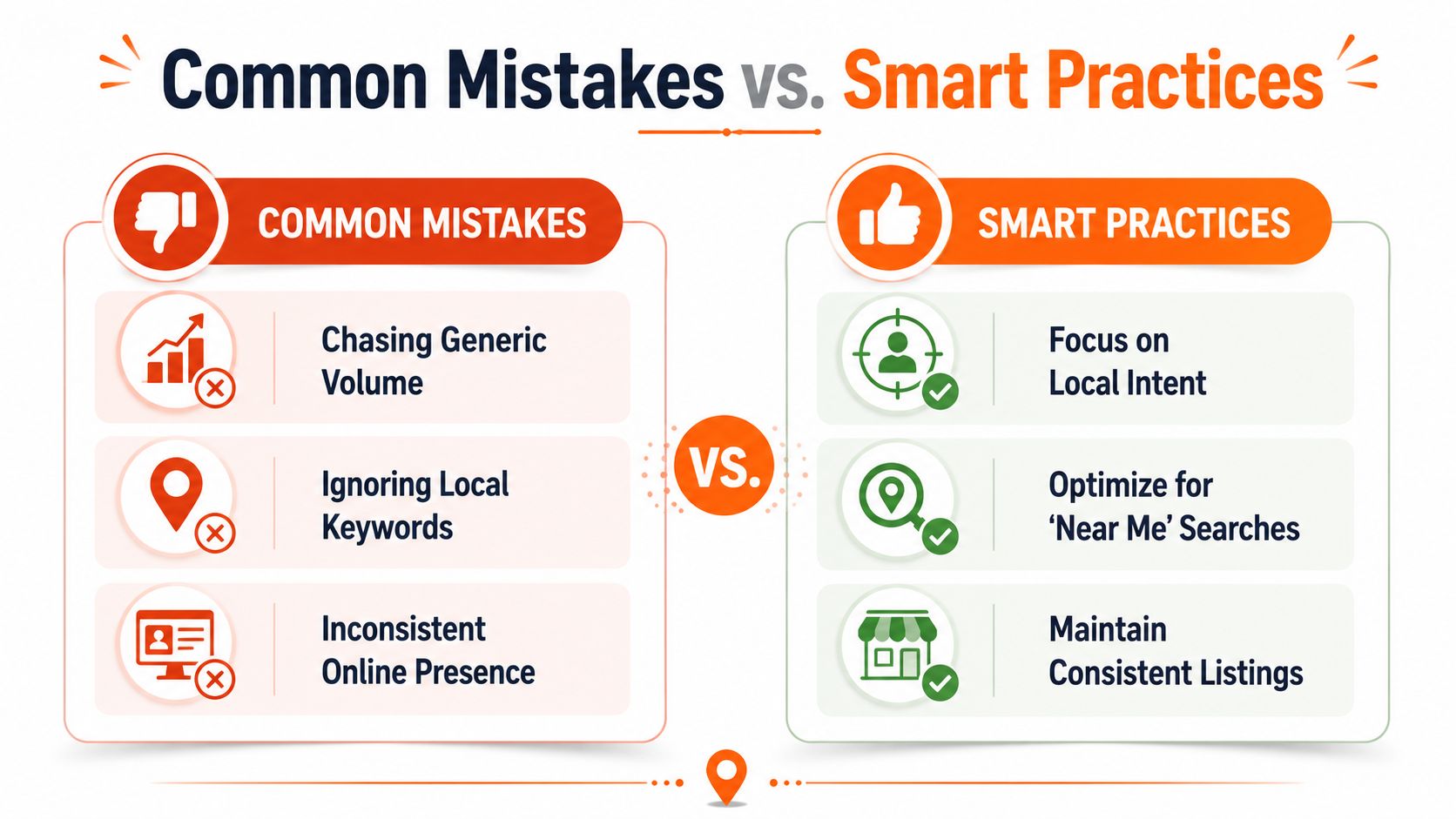 A comparison infographic showing common mistakes versus smart practices for local lead generation strategies.